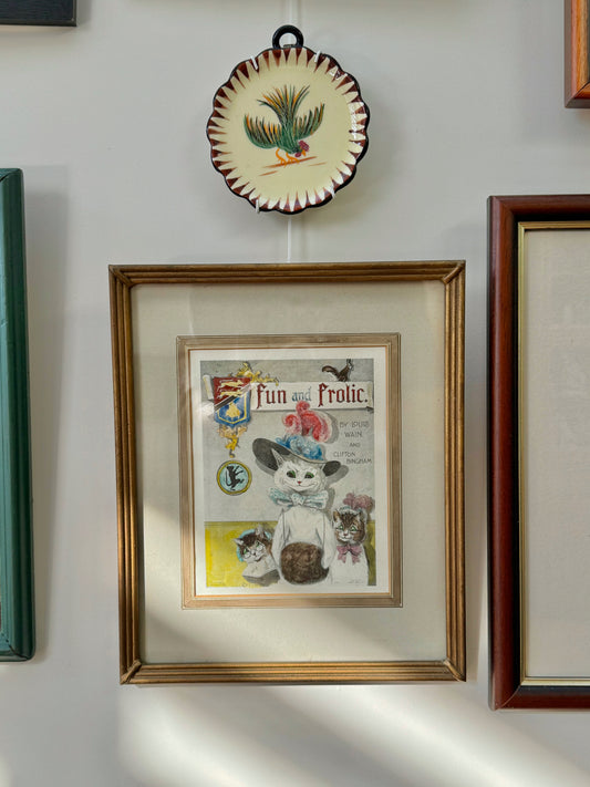 Antique Hand-Coloured Print by Louis Wain | "Fun and Frolic" Book Cover | Rare Ornate Framed Promotional Print c.1900