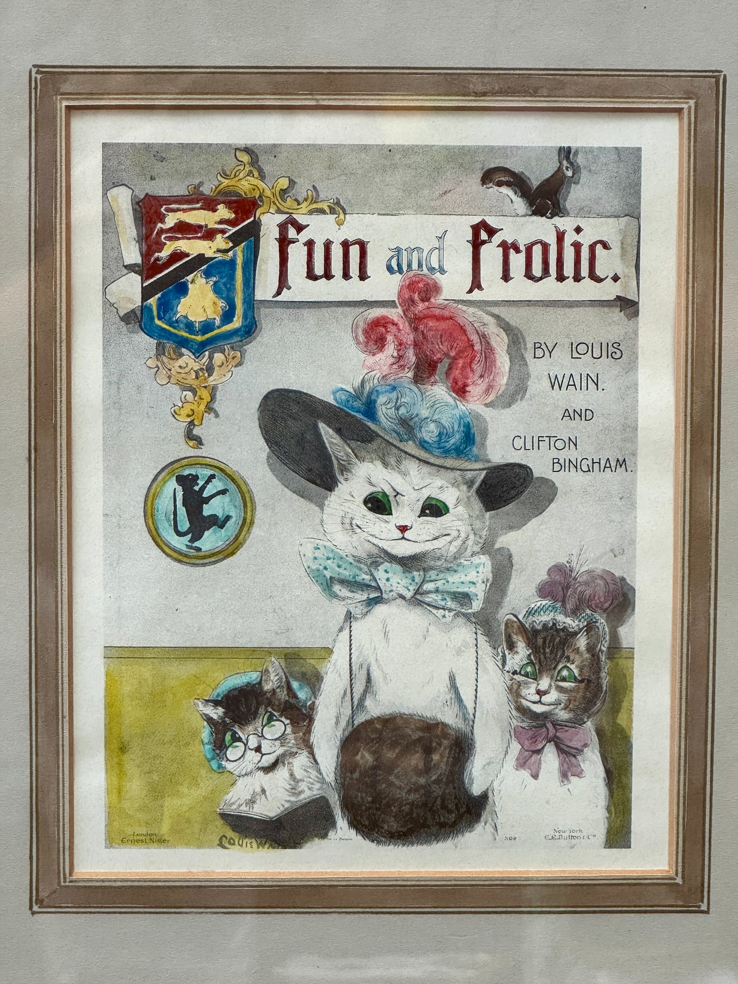 アンティーク手彩色プリント ルイス・ウェイン | 「Fun and Frolic」表紙イラスト | オリジナル装飾額入り プロモーション版 c.1900