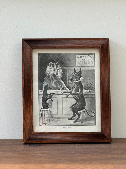 Antique Louis Wain Framed Print “Trying It On” | c. the Edwardian Period