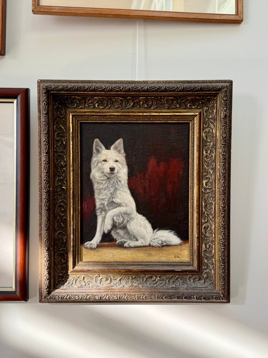 Antique Oil Painting of a White Dog | Signed G.B. Fox | Ornate Aged Gilt Frame