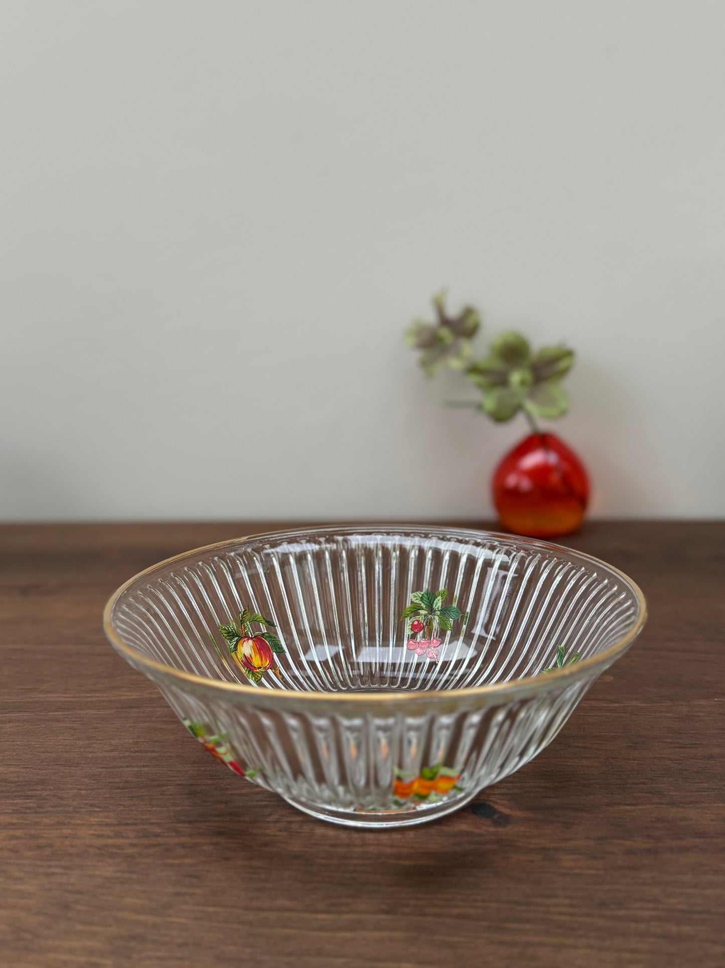 Vintage Fluted Glass Fruit Bowl with Cherry Pattern