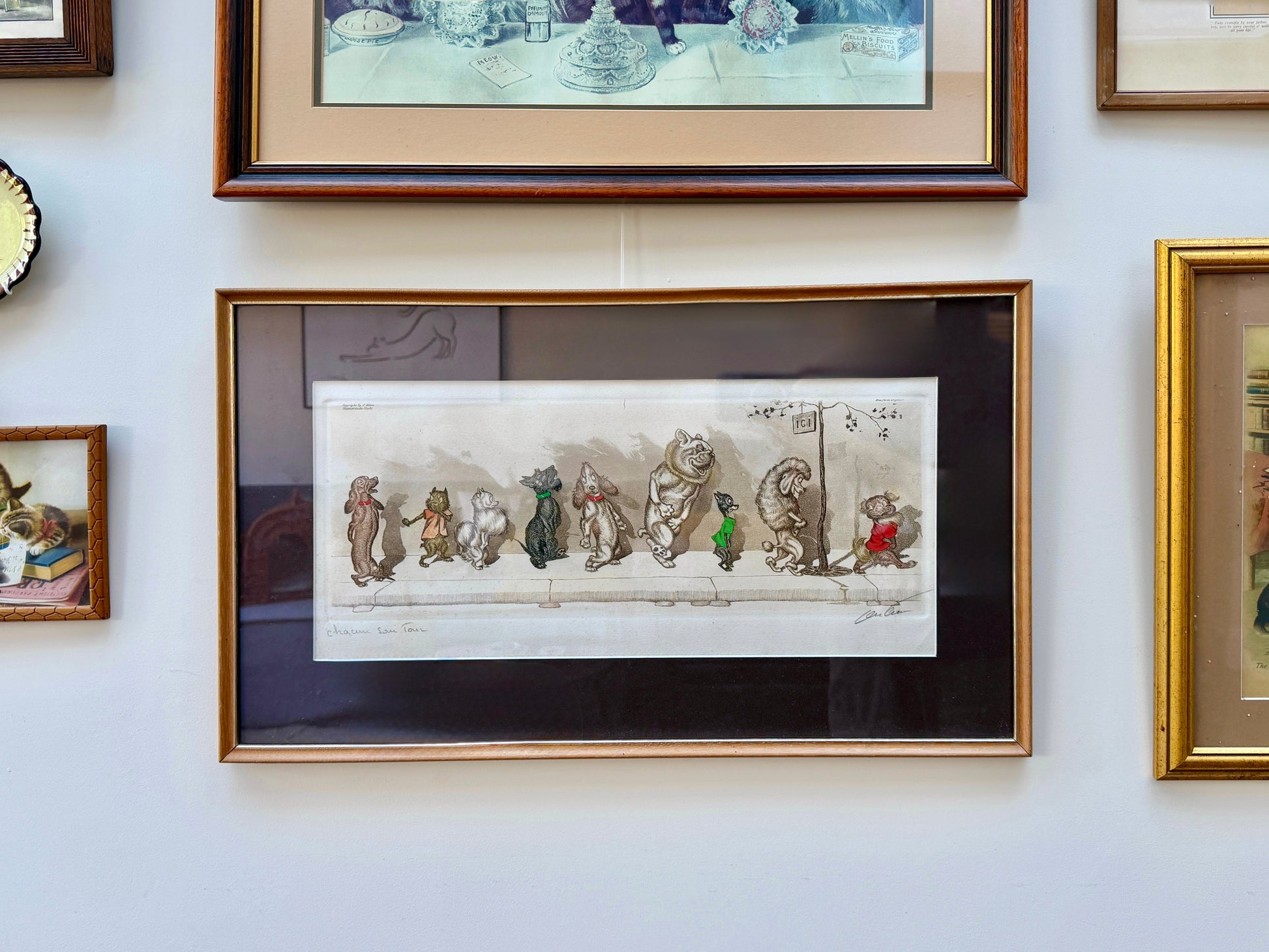 Framed vintage dog artwork on a wall with other framed items