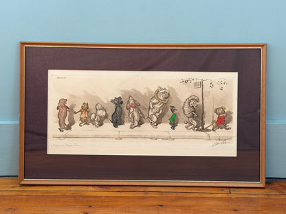 Framed illustration of cartoon characters on a wooden floor with a blue wall background