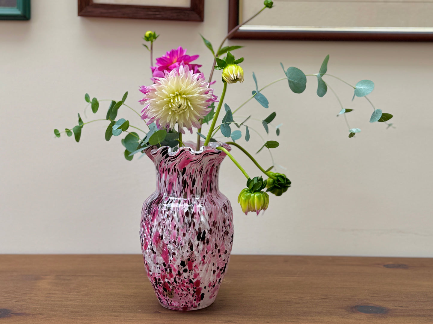 Vintage Spatter Glass Vase with Pressed Pattern and Ruffled Rim | Pink, White and Brown | Sourced in Paris