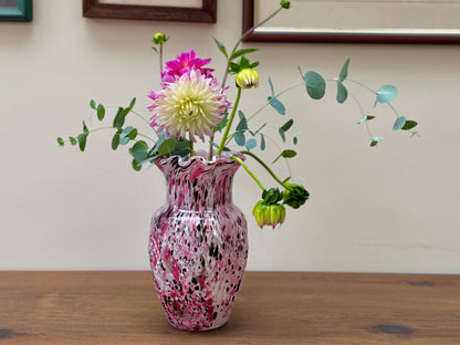 Vintage Spatter Glass Vase with Pressed Pattern and Ruffled Rim | Pink, White and Brown | Sourced in Paris
