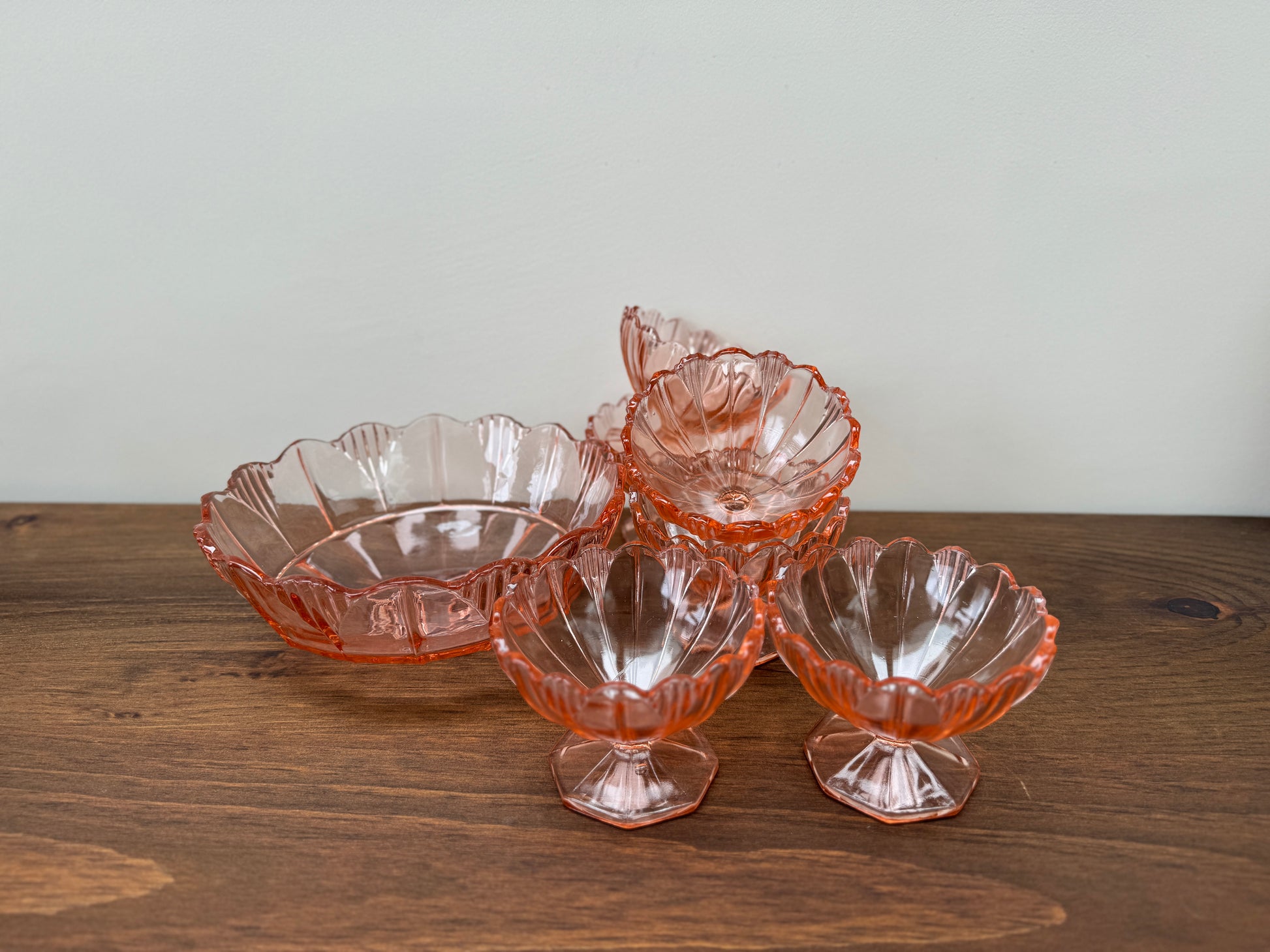 Vintage Pink Scalloped Art Deco 7-Piece Dessert Glass Bowl Set-Bowl-My Happy London Home-My Happy London Home