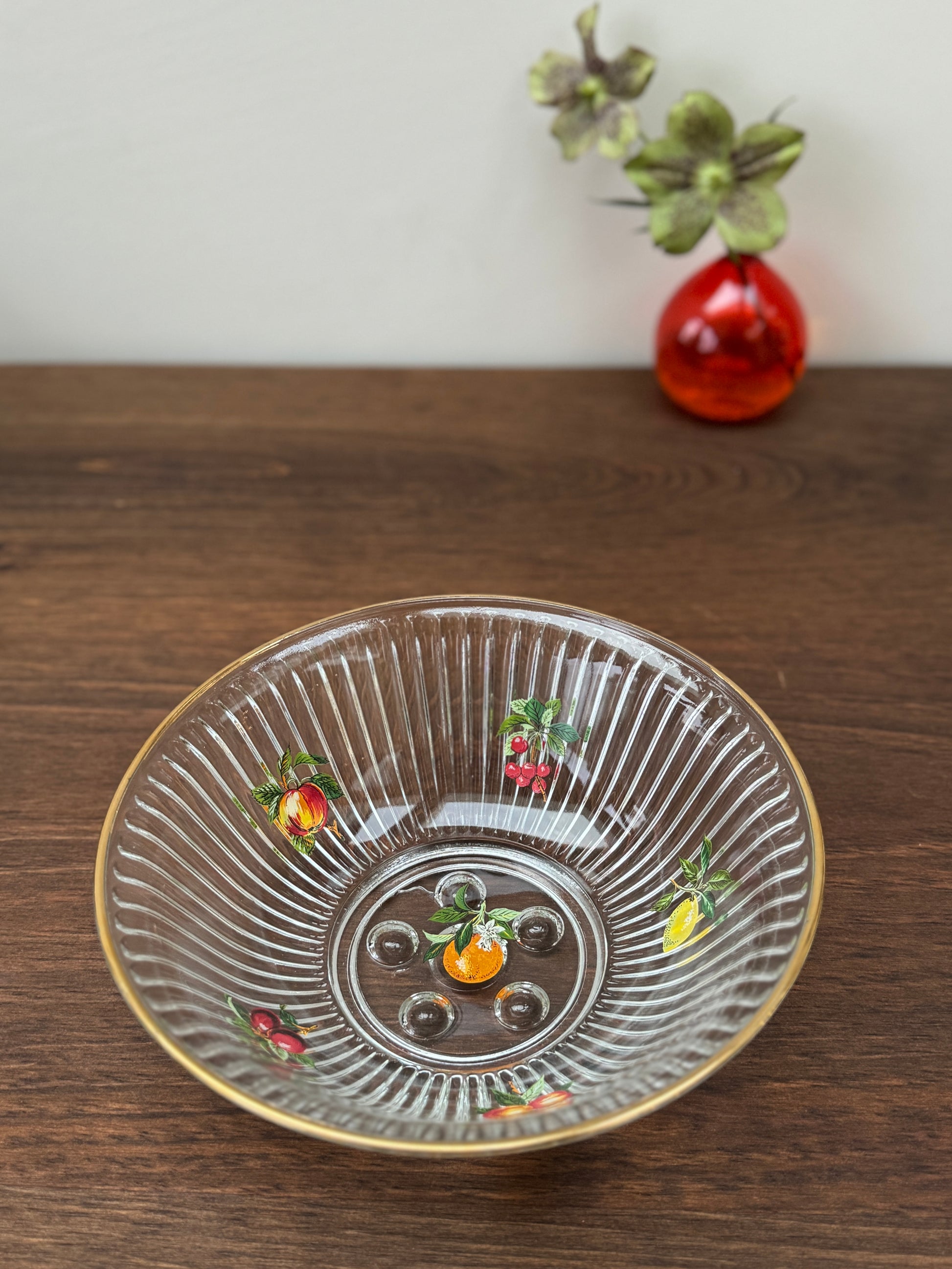 Vintage Fluted Glass Fruit Bowl with Cherry Pattern-Bowl-My Happy London Home-My Happy London Home