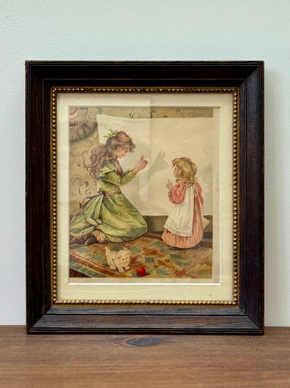 アンティーク、額入りプリント「シャドウ・プレイ（影絵）」二人の少女と猫｜エドワード朝時代 C.1910年頃