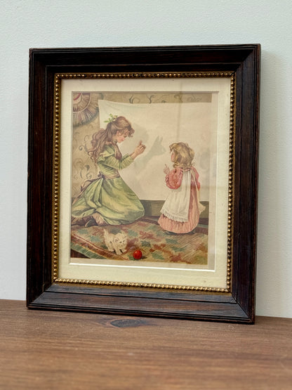 アンティーク、額入りプリント「シャドウ・プレイ（影絵）」二人の少女と猫｜エドワード朝時代 C.1910年頃