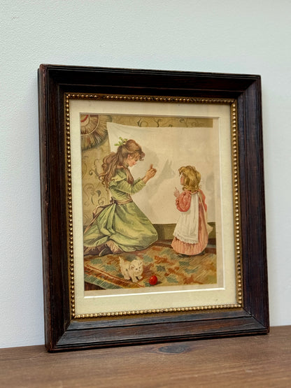 アンティーク、額入りプリント「シャドウ・プレイ（影絵）」二人の少女と猫｜エドワード朝時代 C.1910年頃