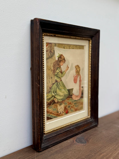 アンティーク、額入りプリント「シャドウ・プレイ（影絵）」二人の少女と猫｜エドワード朝時代 C.1910年頃