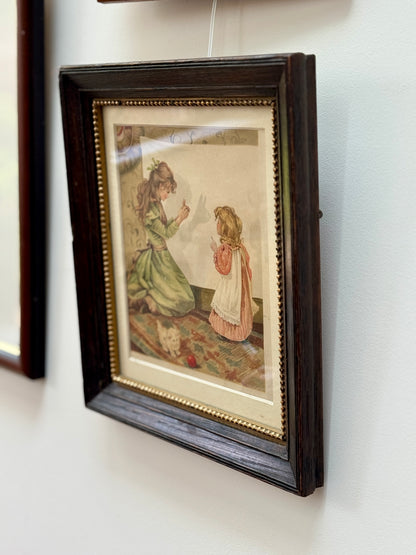 アンティーク、額入りプリント「シャドウ・プレイ（影絵）」二人の少女と猫｜エドワード朝時代 C.1910年頃