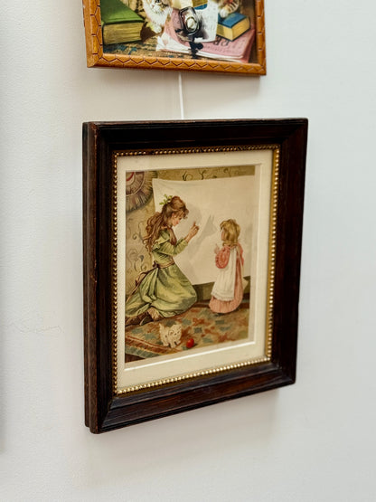 アンティーク、額入りプリント「シャドウ・プレイ（影絵）」二人の少女と猫｜エドワード朝時代 C.1910年頃