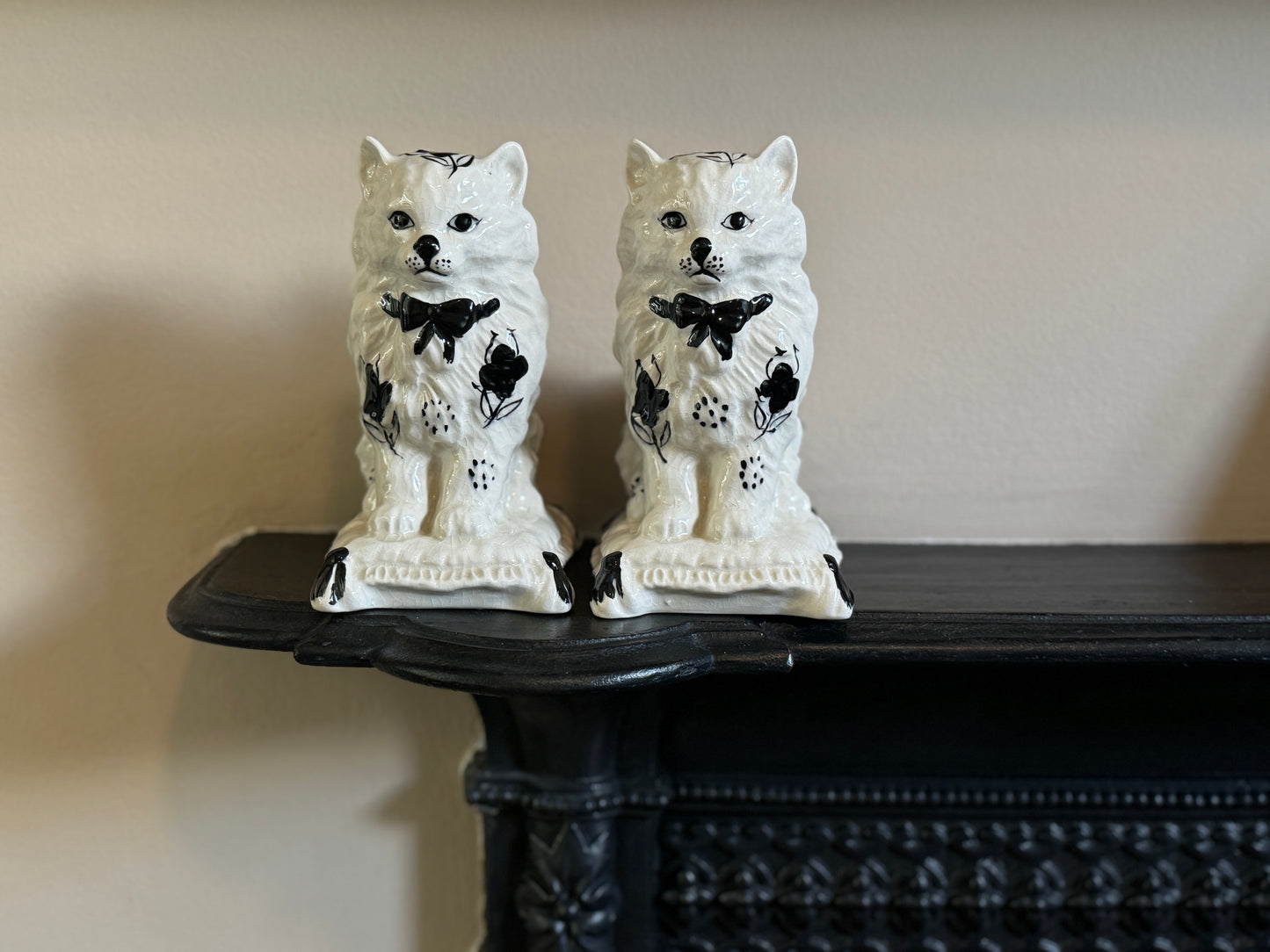 Vintage Pair of Long-Haired Staffordshire Cats in Black and White-Ornament-My Happy London Home-My Happy London Home