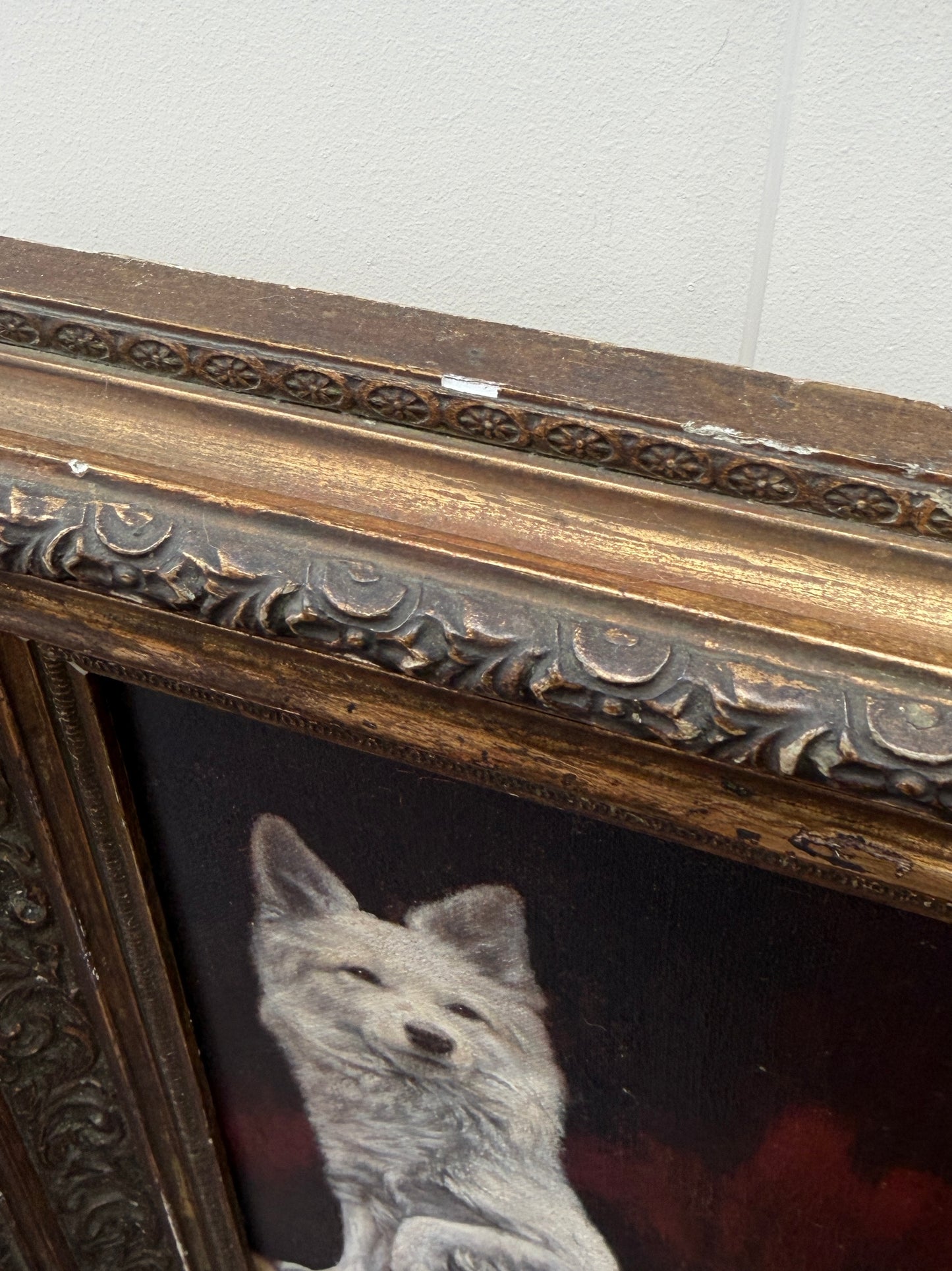 Antique Oil Painting of a White Dog | Signed G.B. Fox | Ornate Aged Gilt Frame