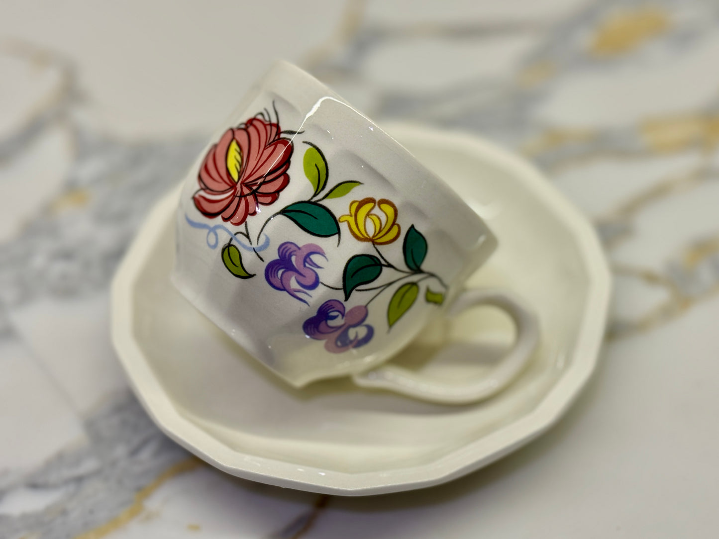 Poole Pottery Coffee Cup and Saucer - Tyneham Pattern, 1989 - 1991