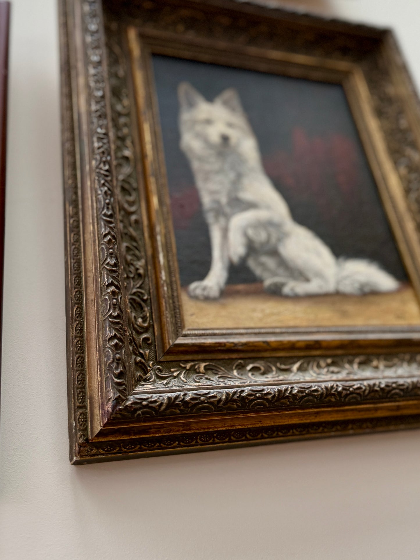 Antique Oil Painting of a White Dog | Signed G.B. Fox | Ornate Aged Gilt Frame