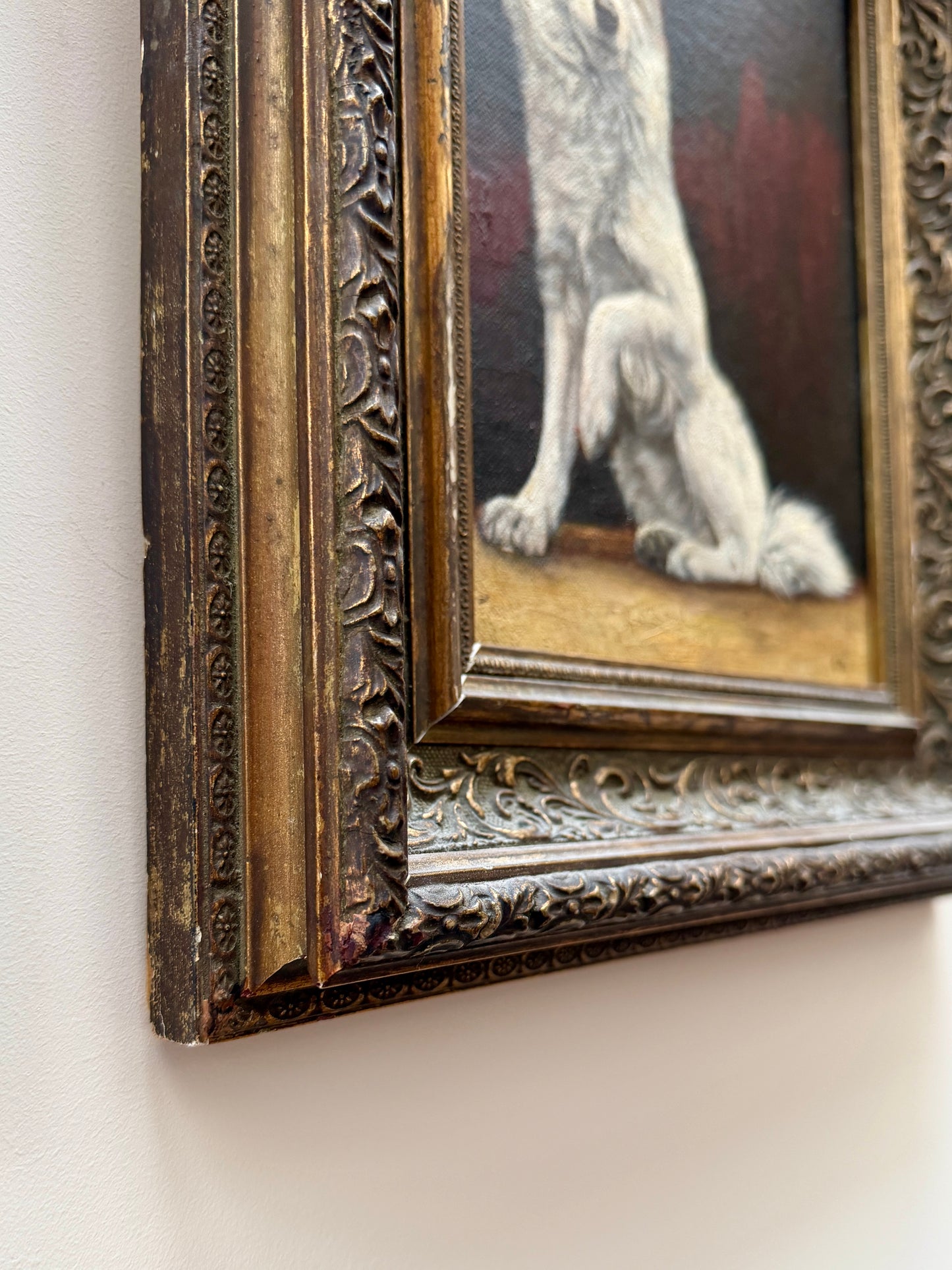 Antique Oil Painting of a White Dog | Signed G.B. Fox | Ornate Aged Gilt Frame