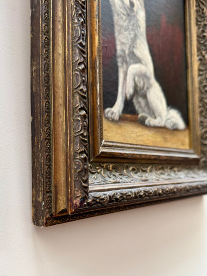 Antique Oil Painting of a White Dog | Signed G.B. Fox | Ornate Aged Gilt Frame