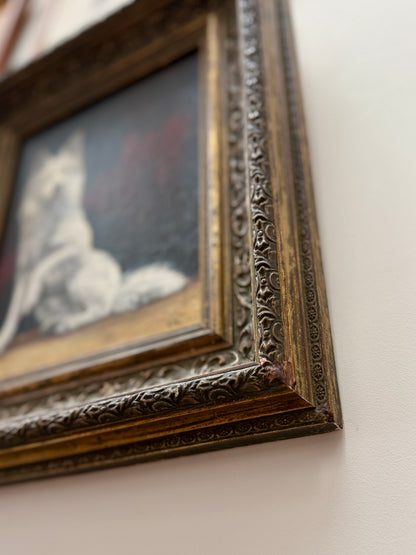 Antique Oil Painting of a White Dog | Signed G.B. Fox | Ornate Aged Gilt Frame