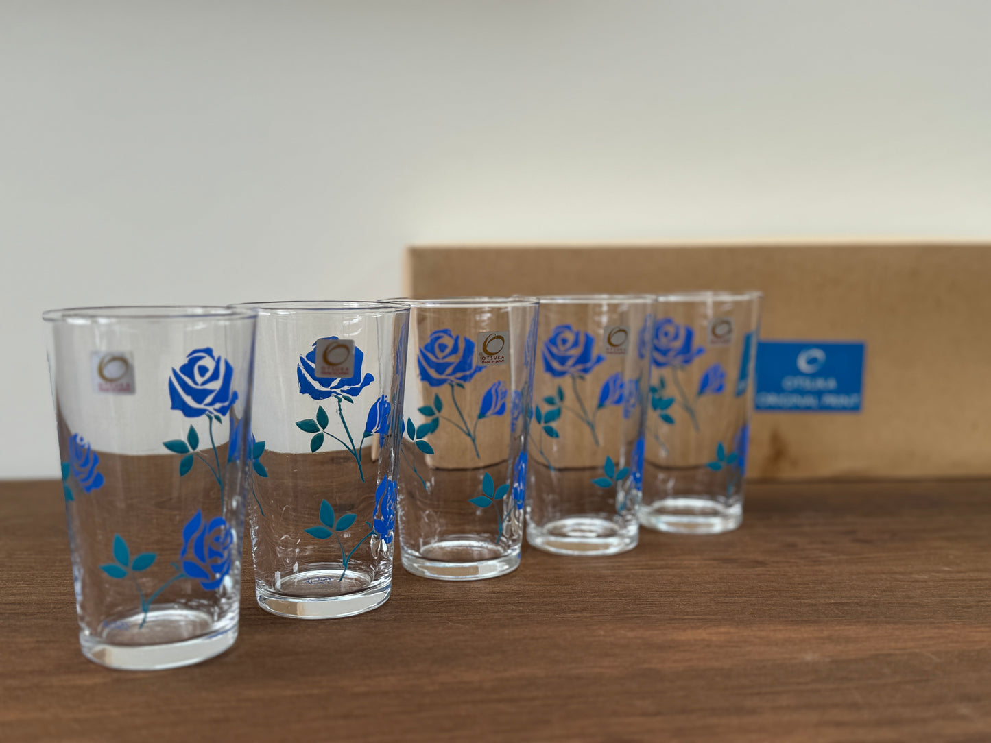 Vintage Japanese Blue Floral Small Tumblers – Set of 5 with Original Box by Otsuka Glass