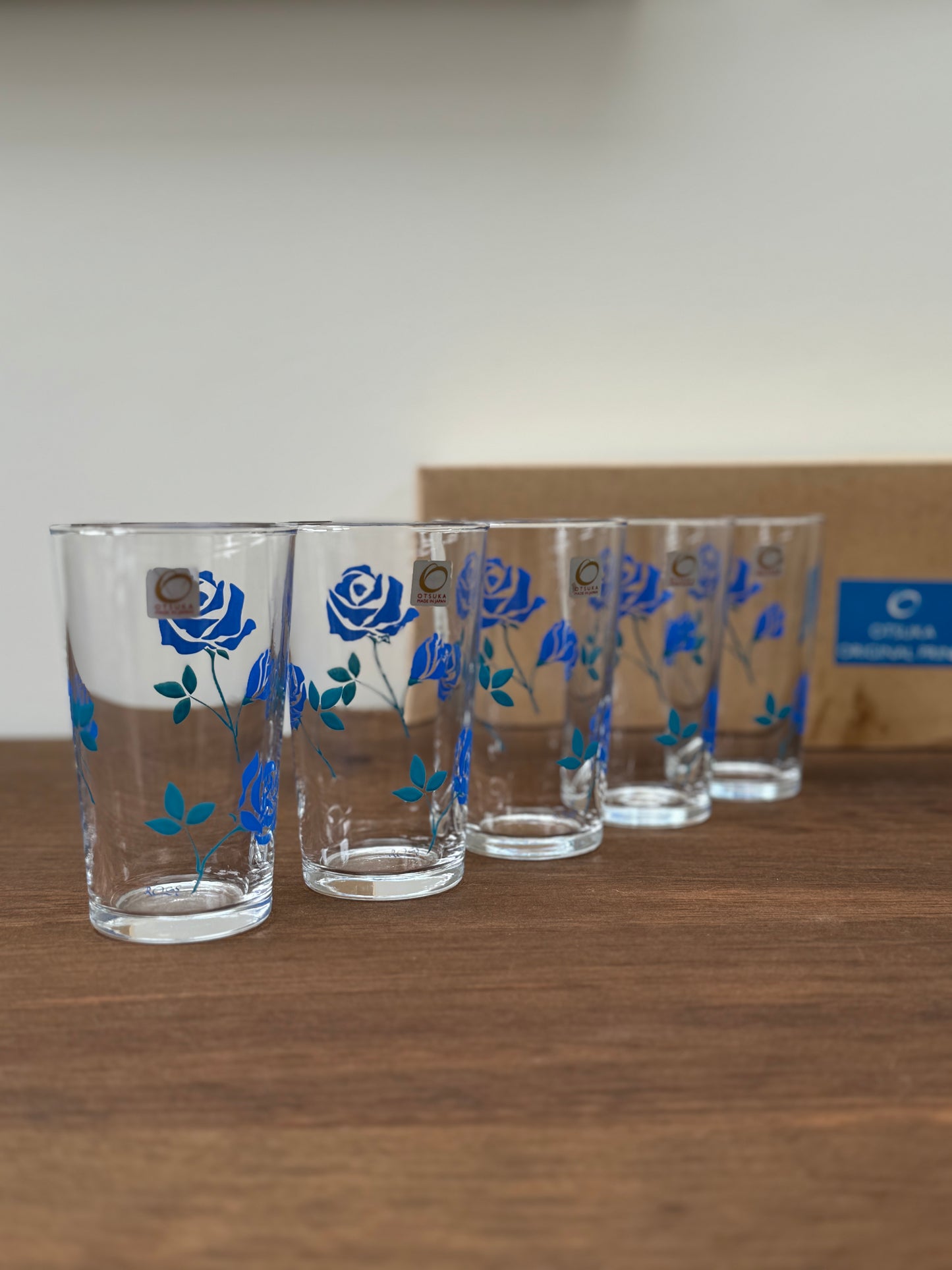 Vintage Japanese Blue Floral Small Tumblers – Set of 5 with Original Box by Otsuka Glass