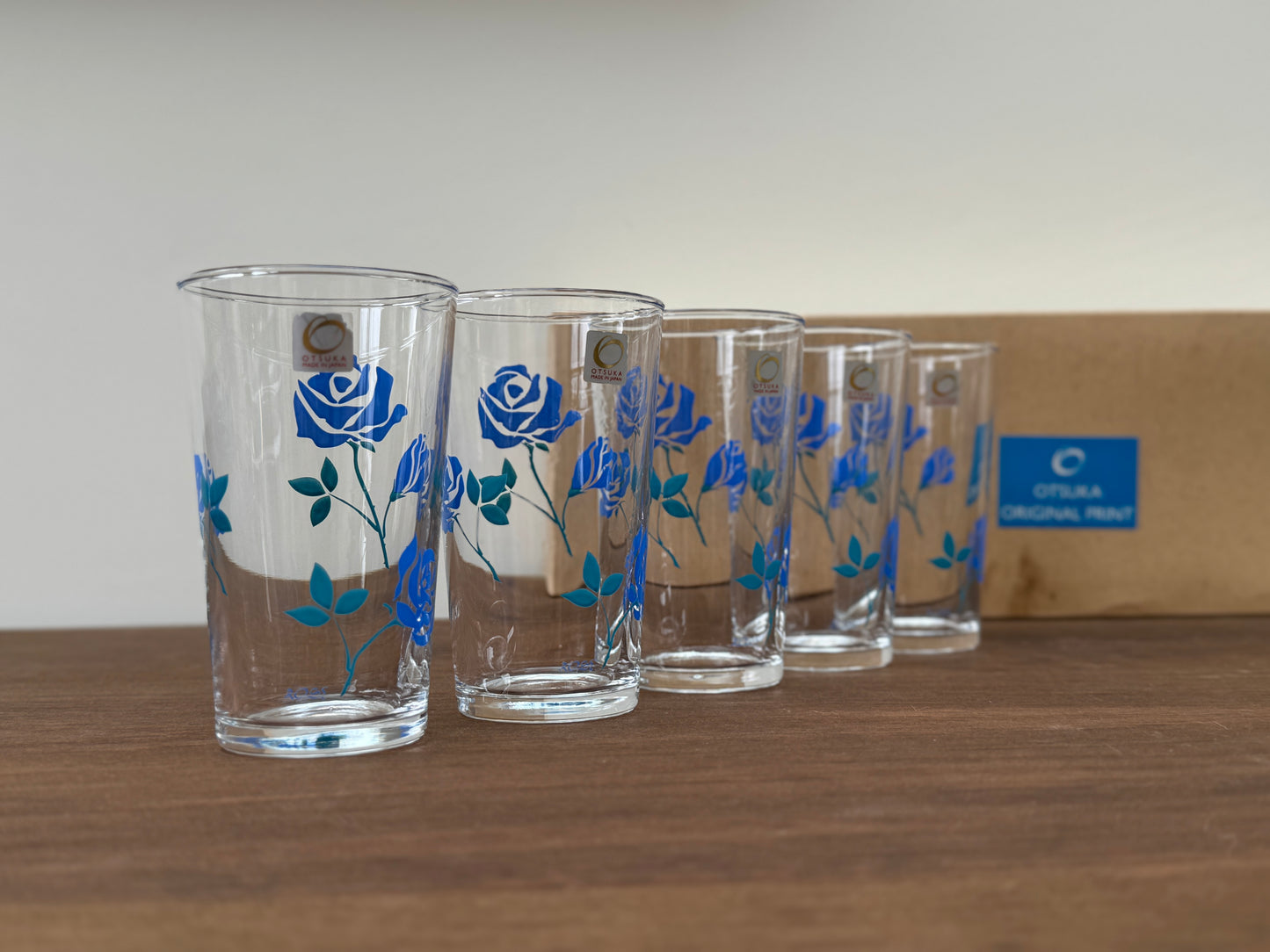 Vintage Japanese Blue Floral Small Tumblers – Set of 5 with Original Box by Otsuka Glass-Tumbler-Otsuka Glass-My Happy London Home