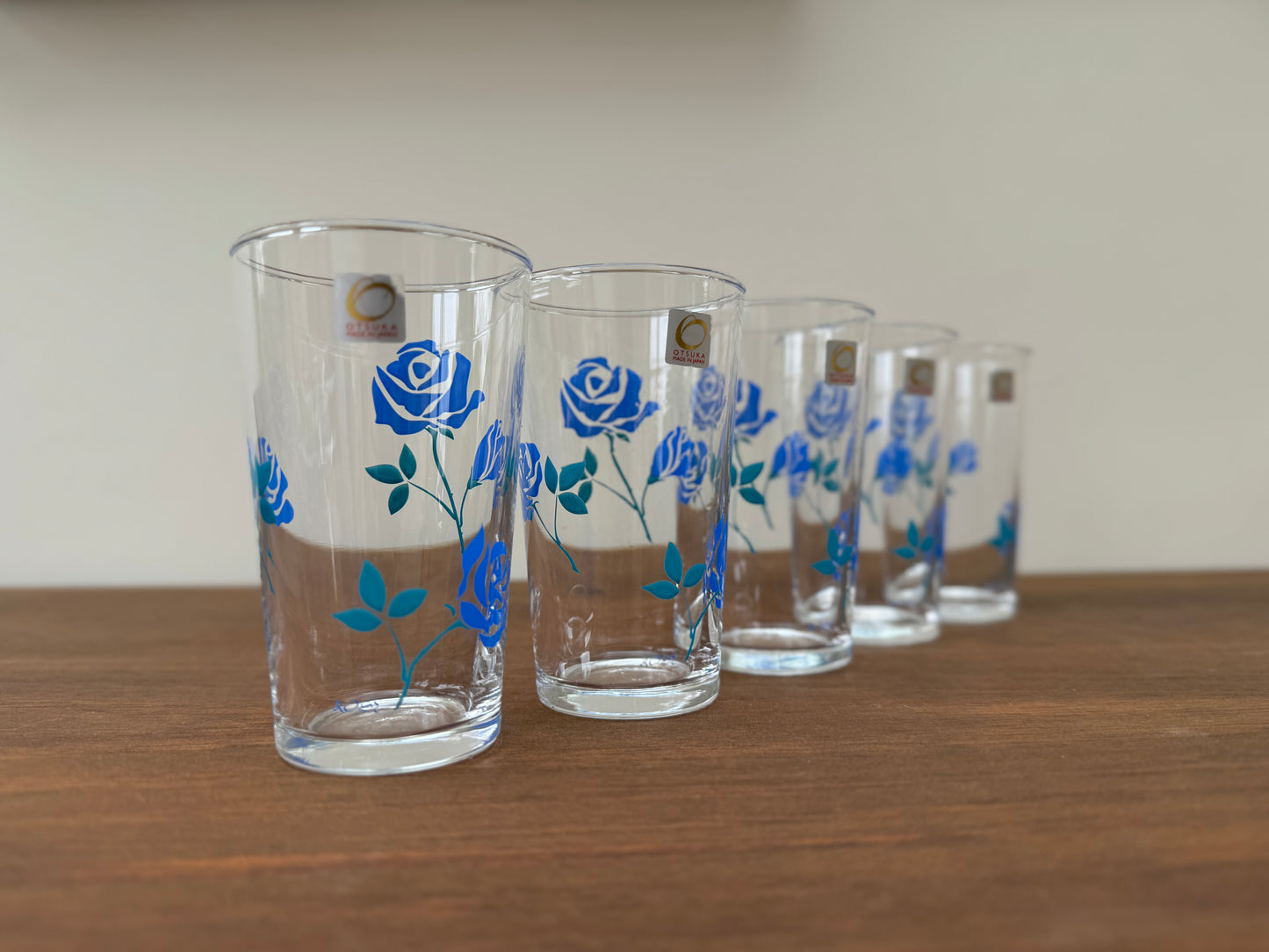 Vintage Japanese Blue Floral Small Tumblers – Set of 5 with Original Box by Otsuka Glass