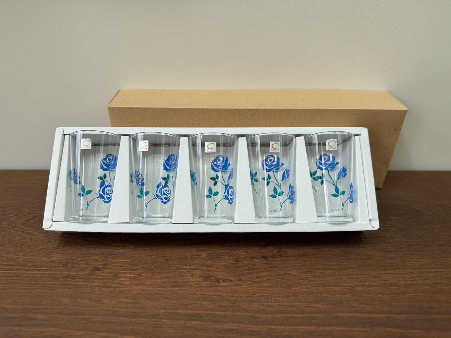 Vintage Japanese Blue Floral Small Tumblers – Set of 5 with Original Box by Otsuka Glass