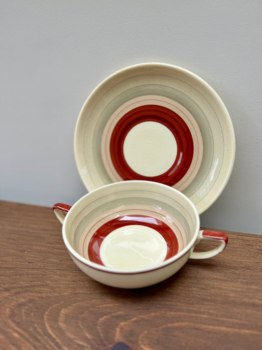 Susie Cooper Crown Works Burslem ‘Wedding Band’ Kestrel Shape Soup Cup & Saucer, C.1930s-Bowl-Susie Cooper Crown Works Burslem-My Happy London Home