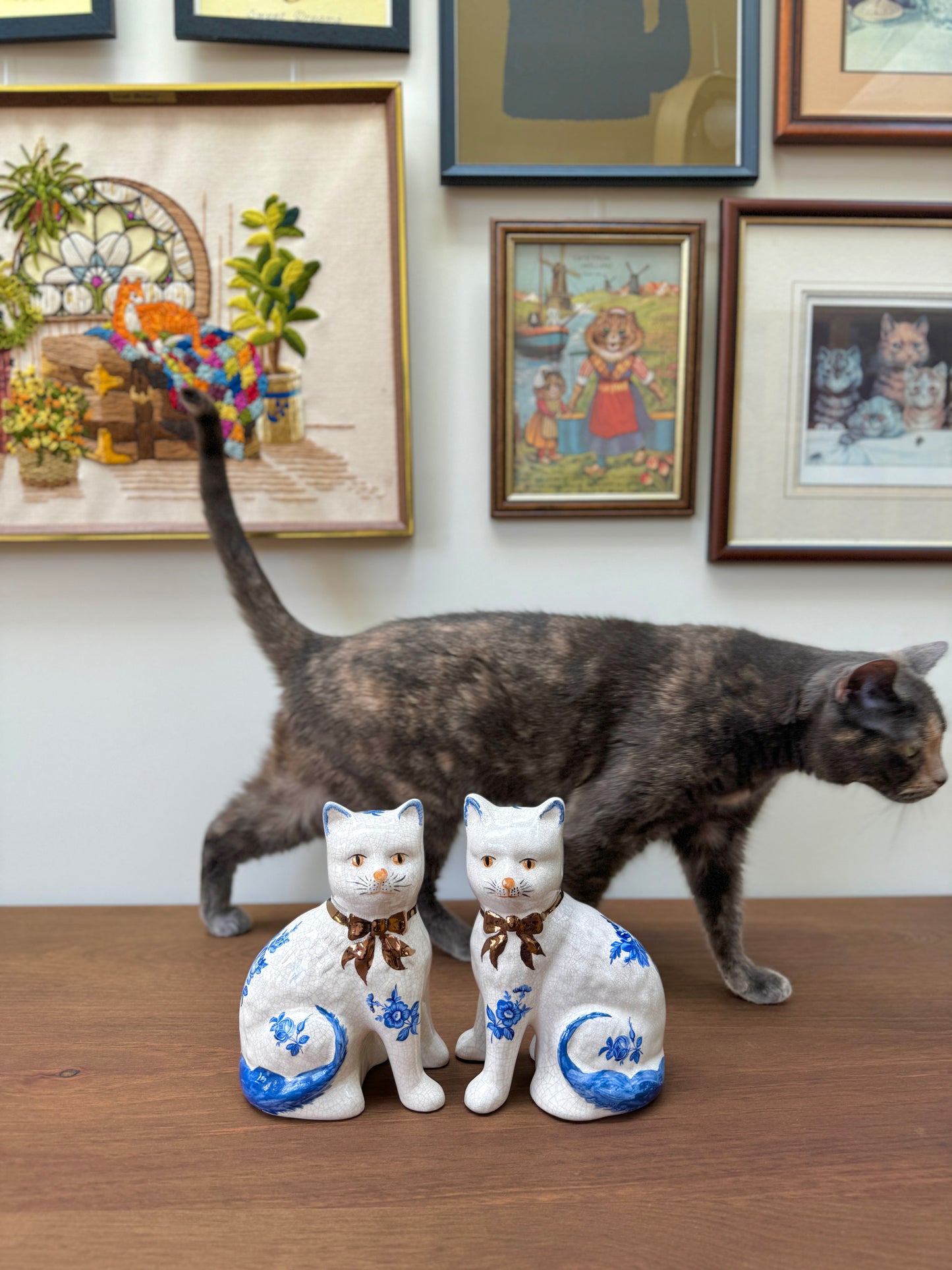 Pair of Staffordshire Cats by William Kent with Blue Floral Pattern, C.1940s