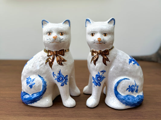 Pair of Staffordshire Cats by William Kent with Blue Floral Pattern, C.1940s-Ornament-William Kent-My Happy London Home