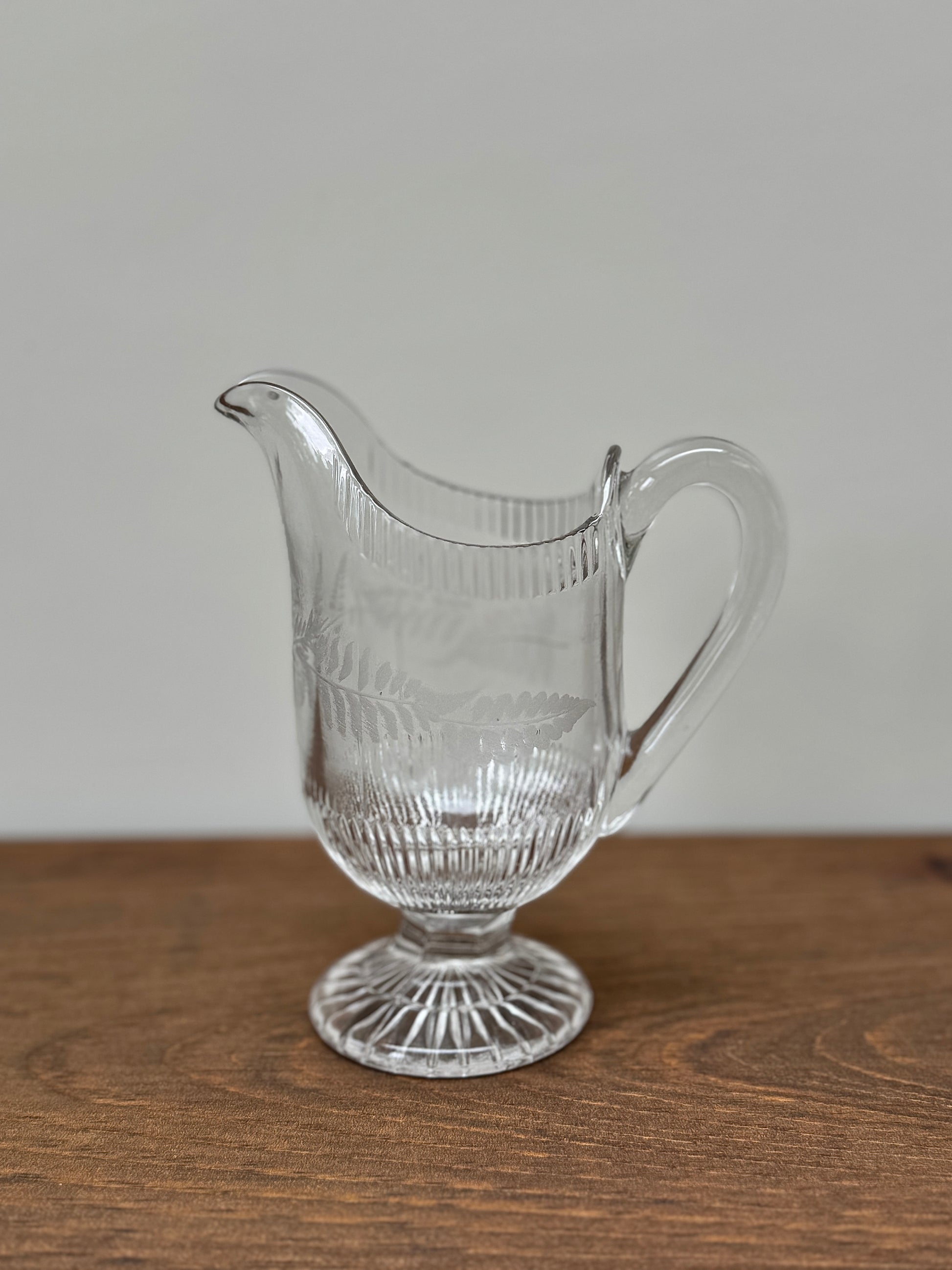 Antique Pressed Glass Footed Milk/Cream Jug with Etched Leaves Pattern-Milk jug-My Happy London Home-My Happy London Home