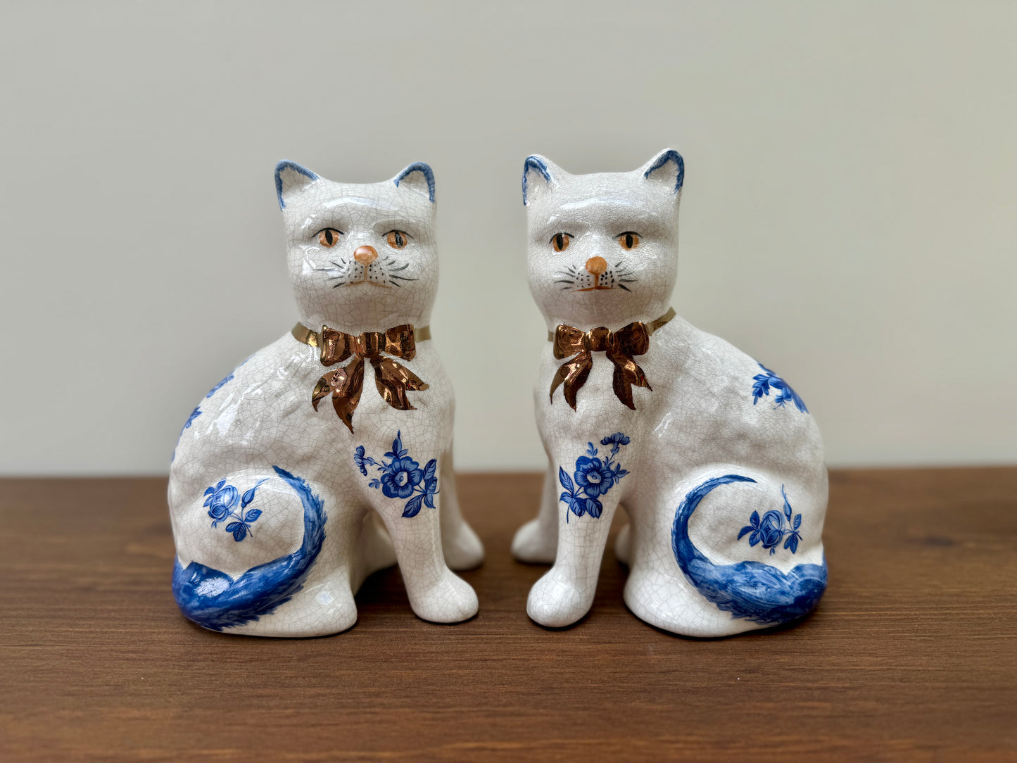 Pair of Staffordshire Cats by William Kent with Blue Floral Pattern, C.1940s