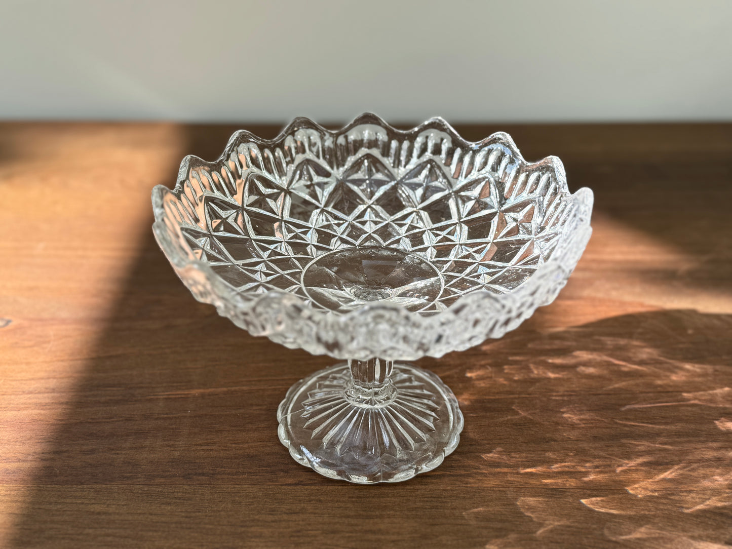 Vintage Pressed Glass Fruit Bowl with Scalloped Edge and Pedestal Base-Bowl-My Happy London Home-My Happy London Home