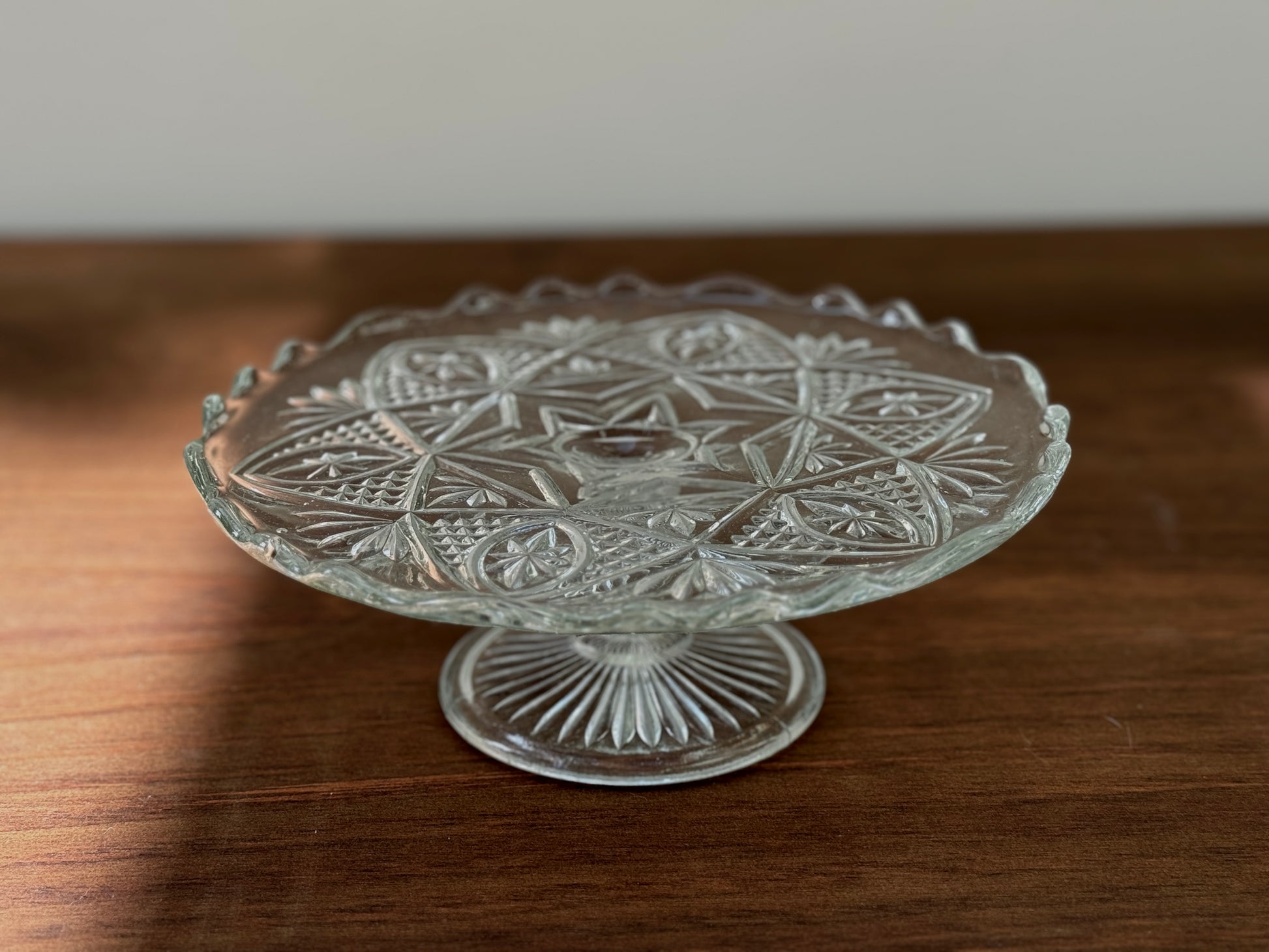 Vintage Pressed Glass Pedestal Cake Stand with Small Scalloped Edge-Cake Stand-My Happy London Home-My Happy London Home