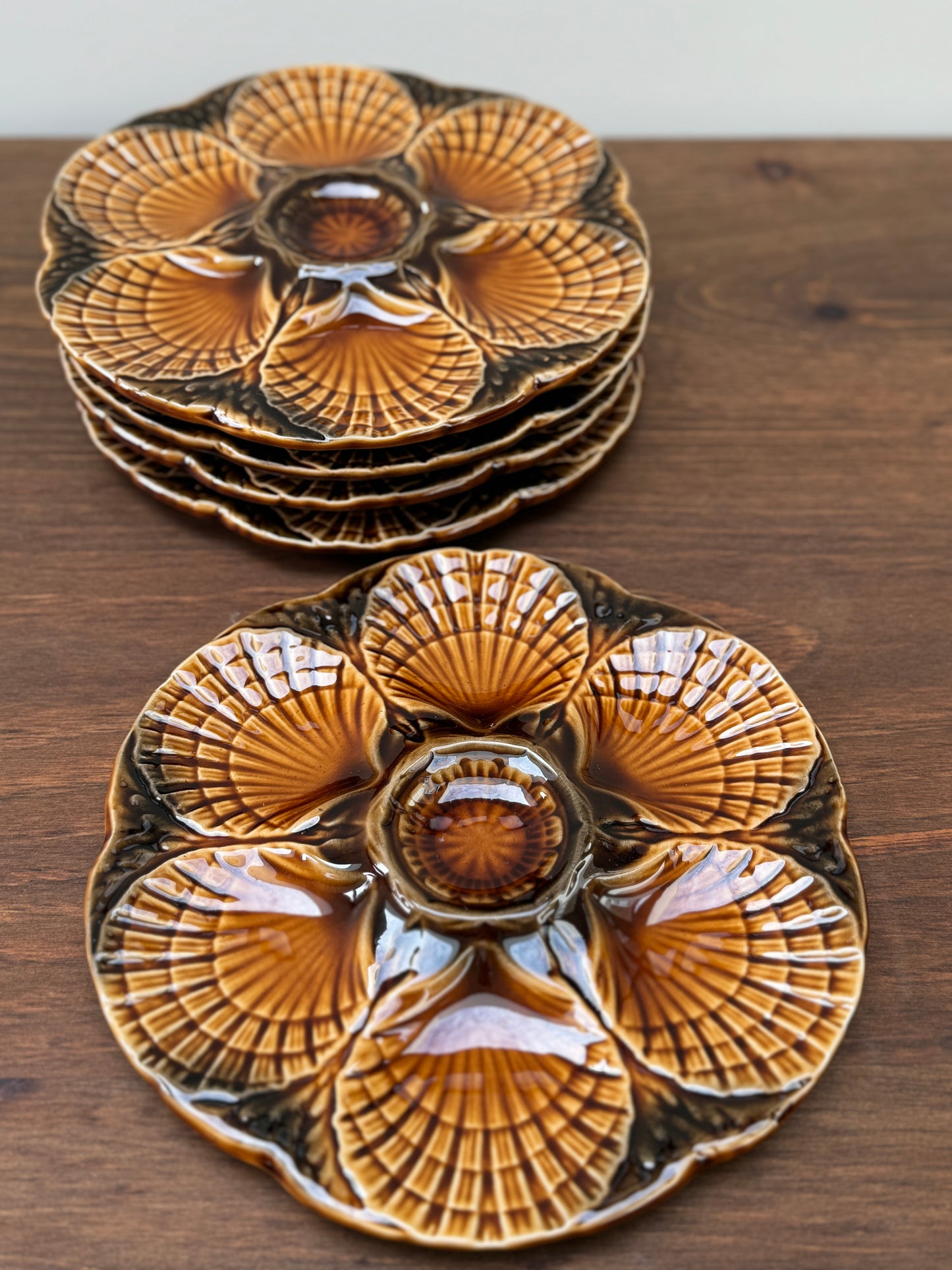 Vintage French Sarreguemines Faience Oyster Plates with Scalloped Edge