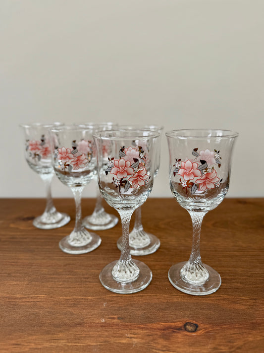 Vintage Floral Wine Glasses with Twisted Stems (Set of 6), C.1970s-Wine glass-My Happy London Home-My Happy London Home