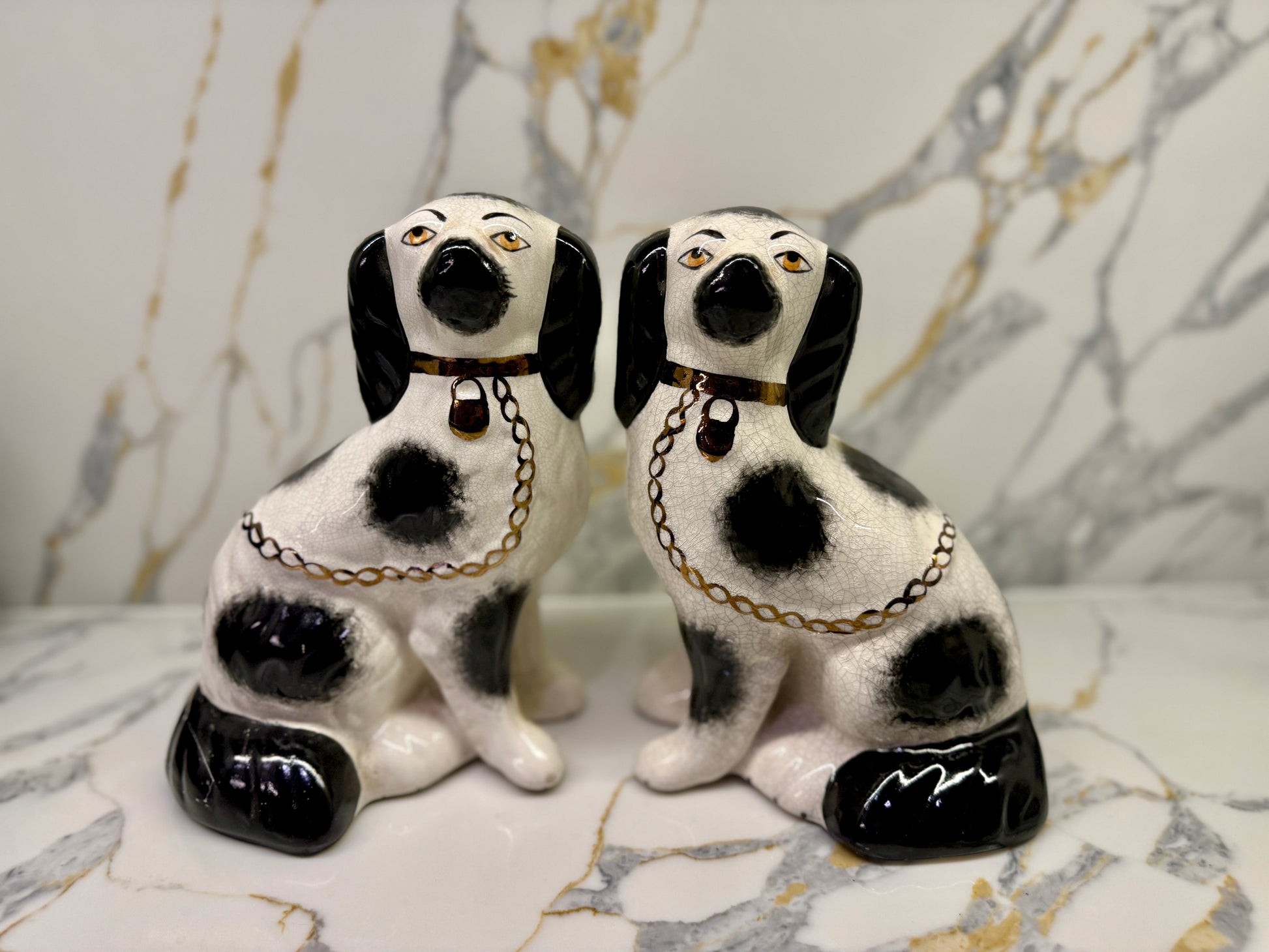 Pair of Staffordshire Dogs by William Kent with Black Spots, C.1940s (Distressed)-Ornament-William Kent-My Happy London Home