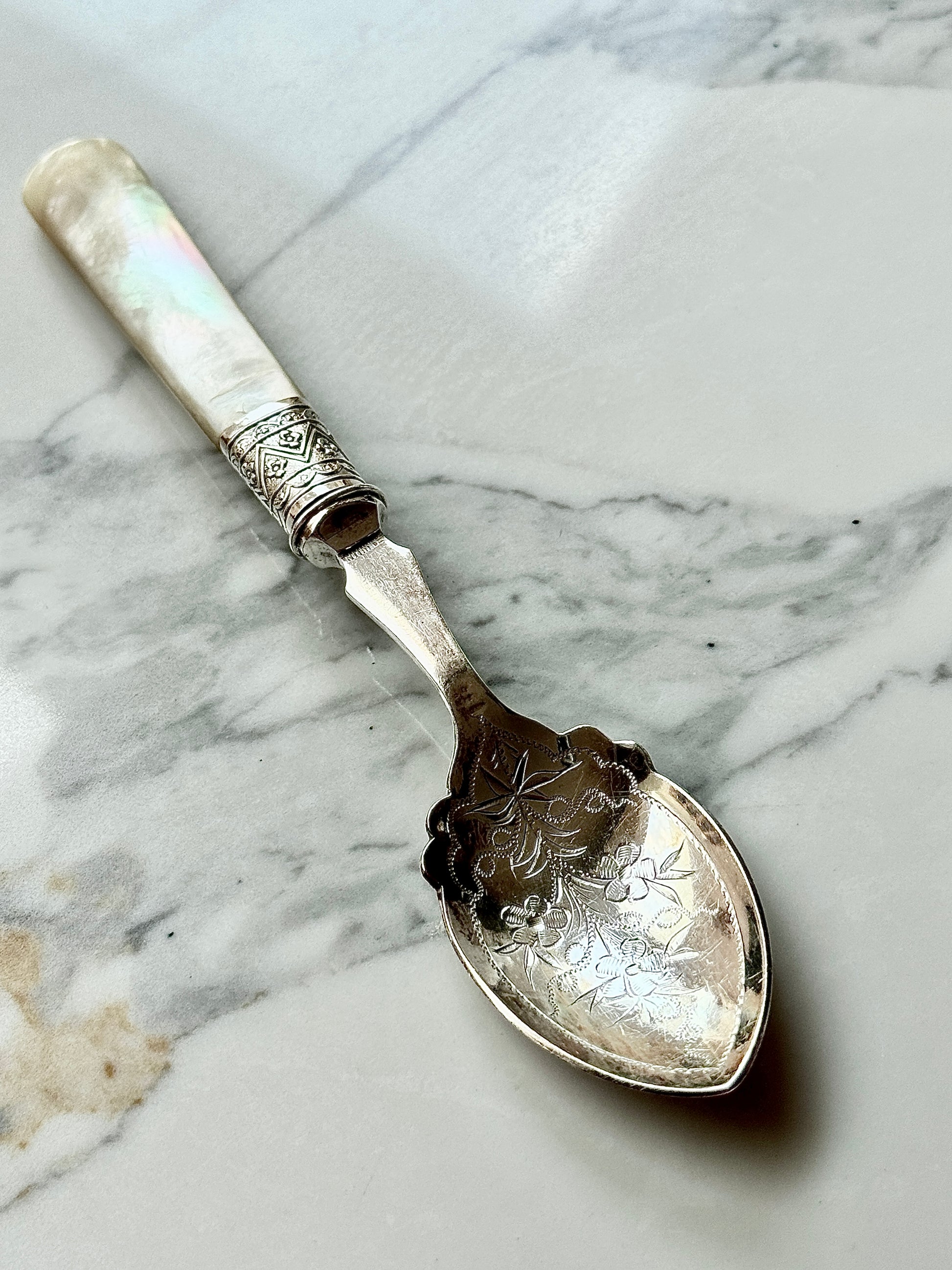 Vintage Silver Plated Jam Spoon with Mother of Pearl Handle and Floral Engraving-Cutlery-My Happy London Home-My Happy London Home