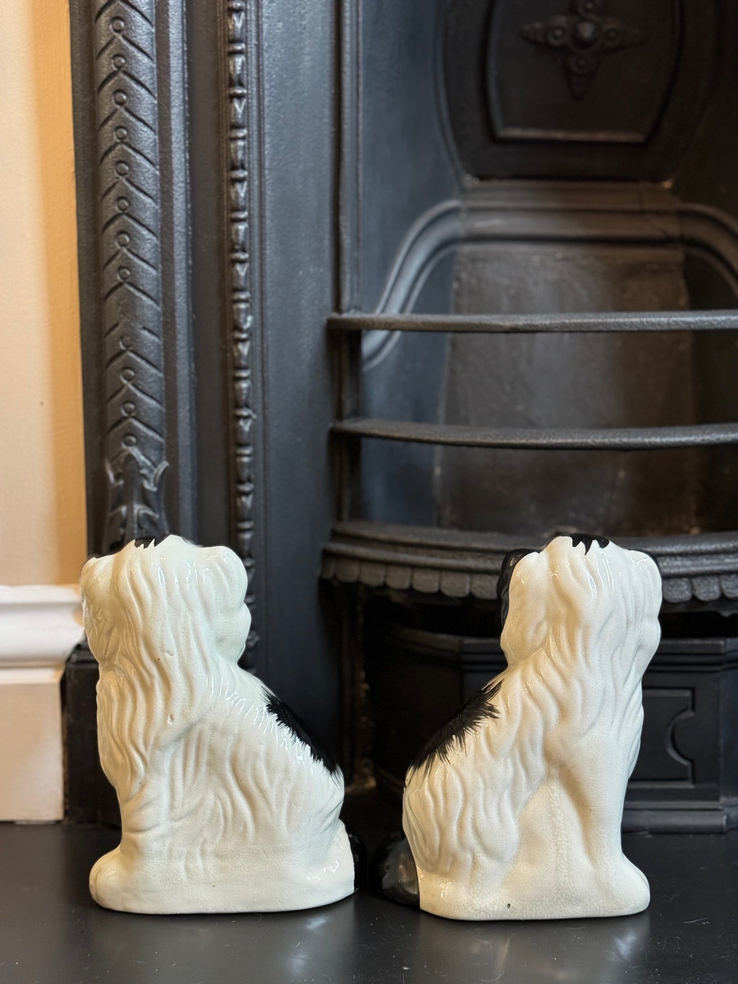 Rare Vintage Pair of Staffordshire Dogs with Flower Baskets