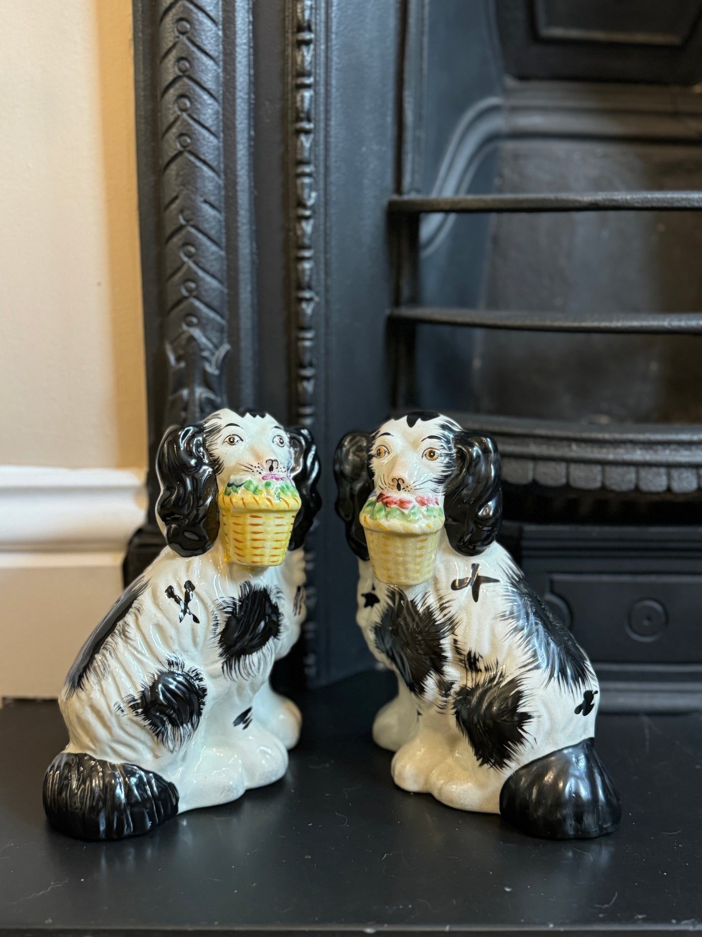 Rare Vintage Pair of Staffordshire Dogs with Flower Baskets