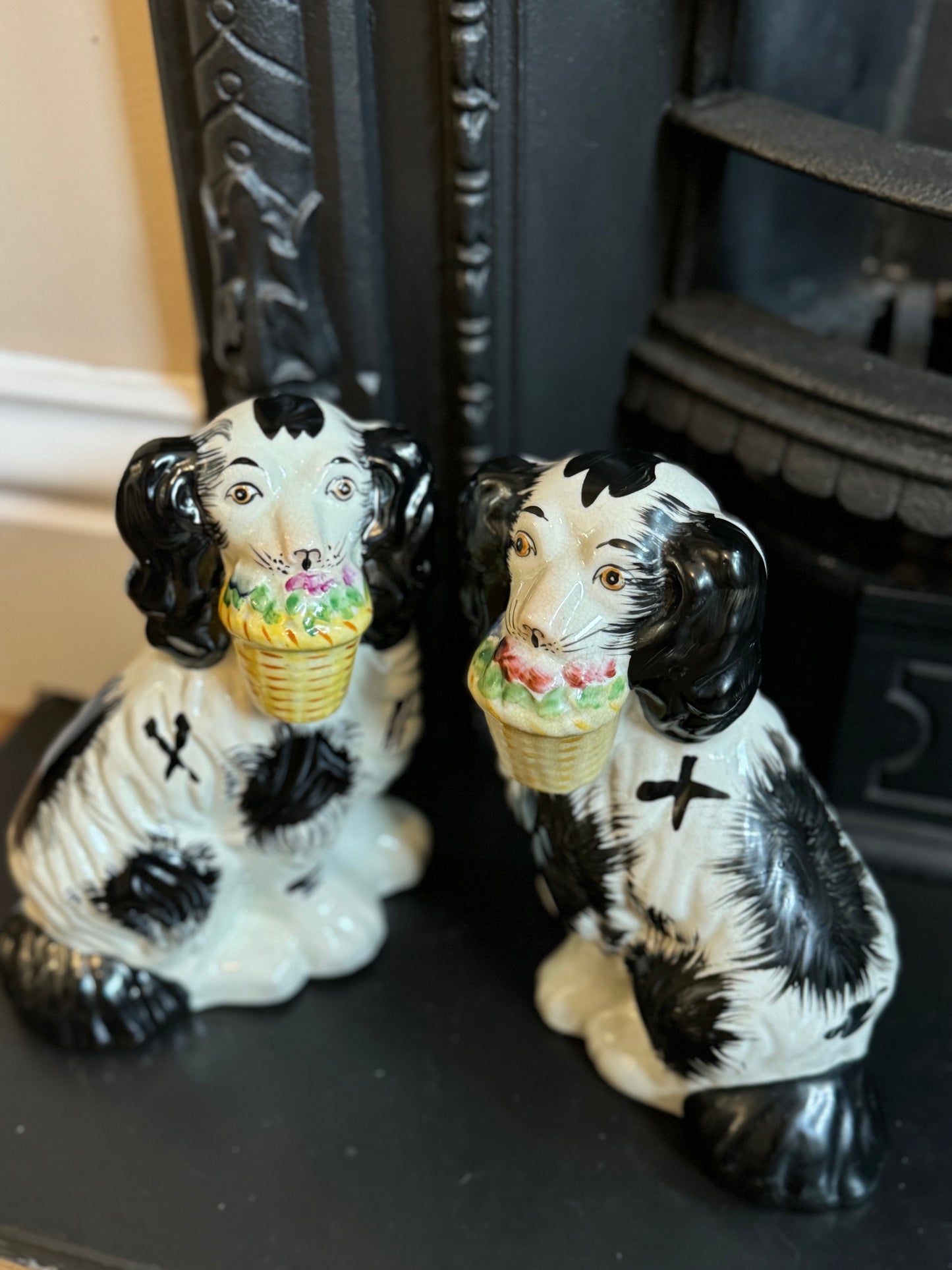 Rare Vintage Pair of Staffordshire Dogs with Flower Baskets