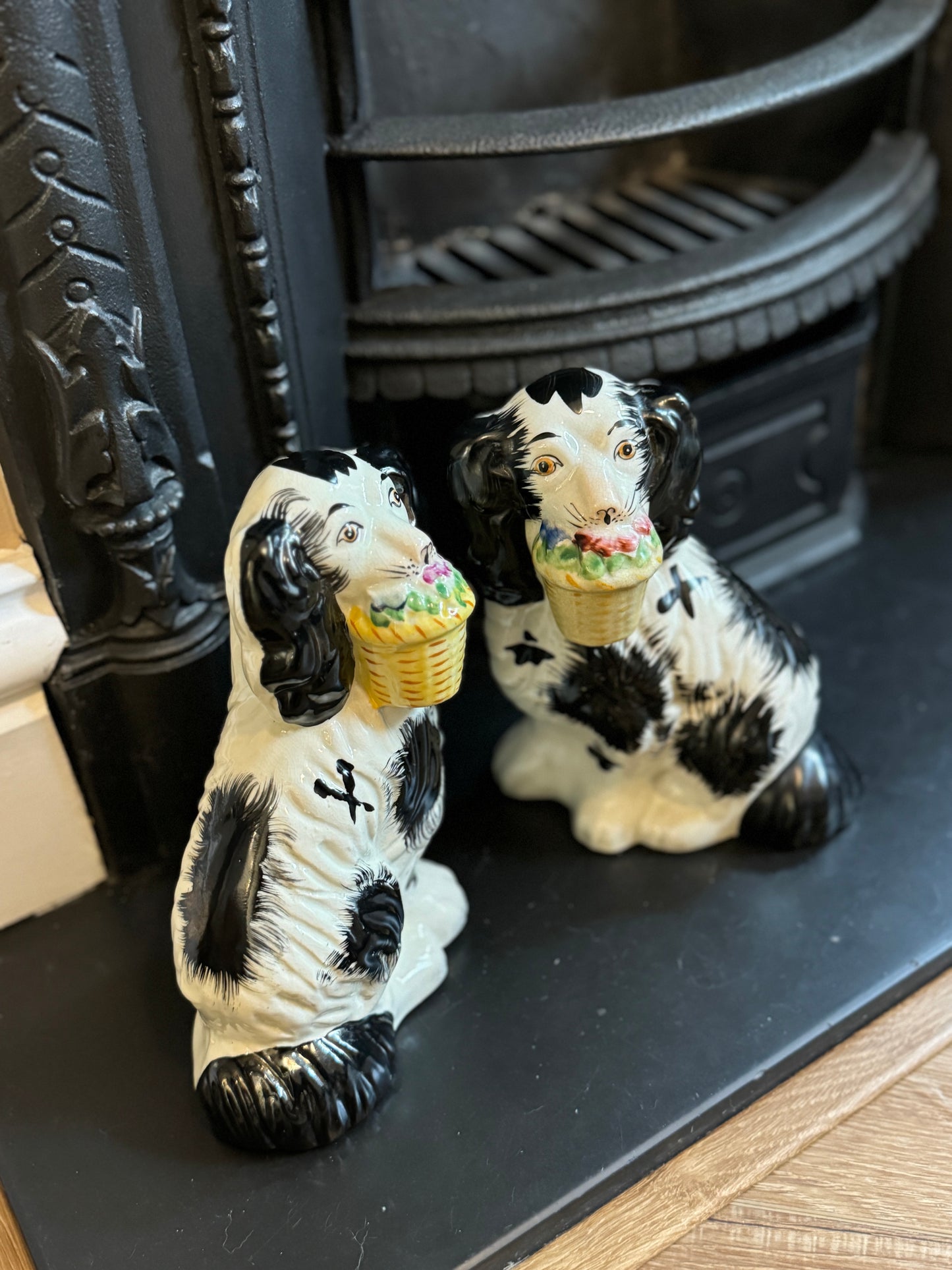 Rare Vintage Pair of Staffordshire Dogs with Flower Baskets