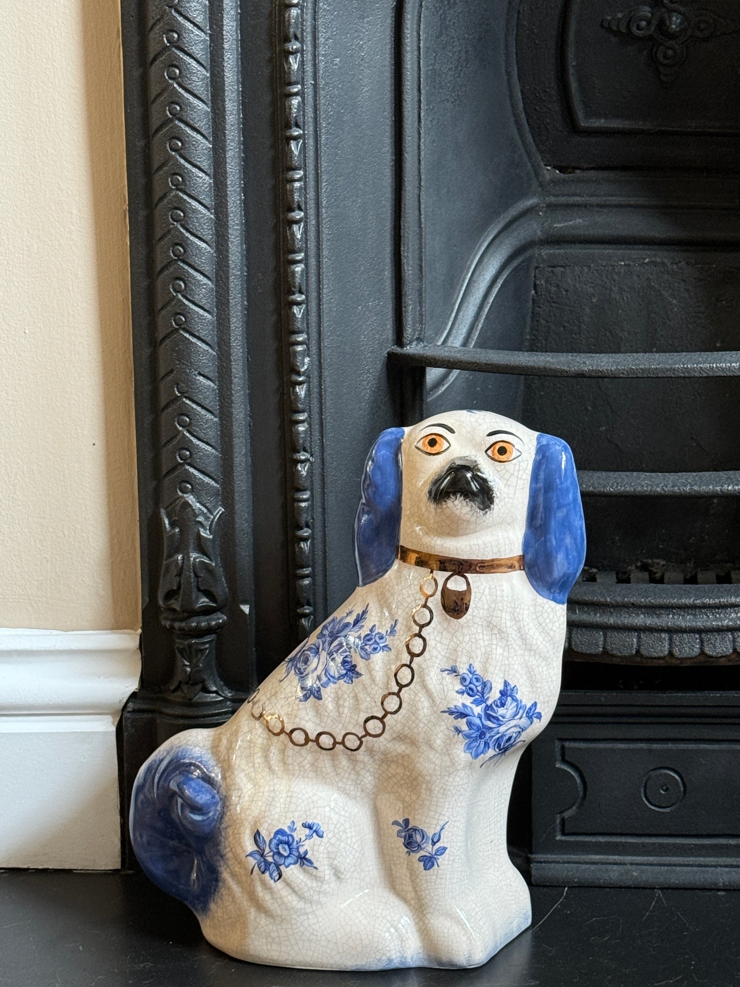 Staffordshire Dog by William Kent with Blue Floral pattern , C.1940s-Ornament-William Kent-My Happy London Home