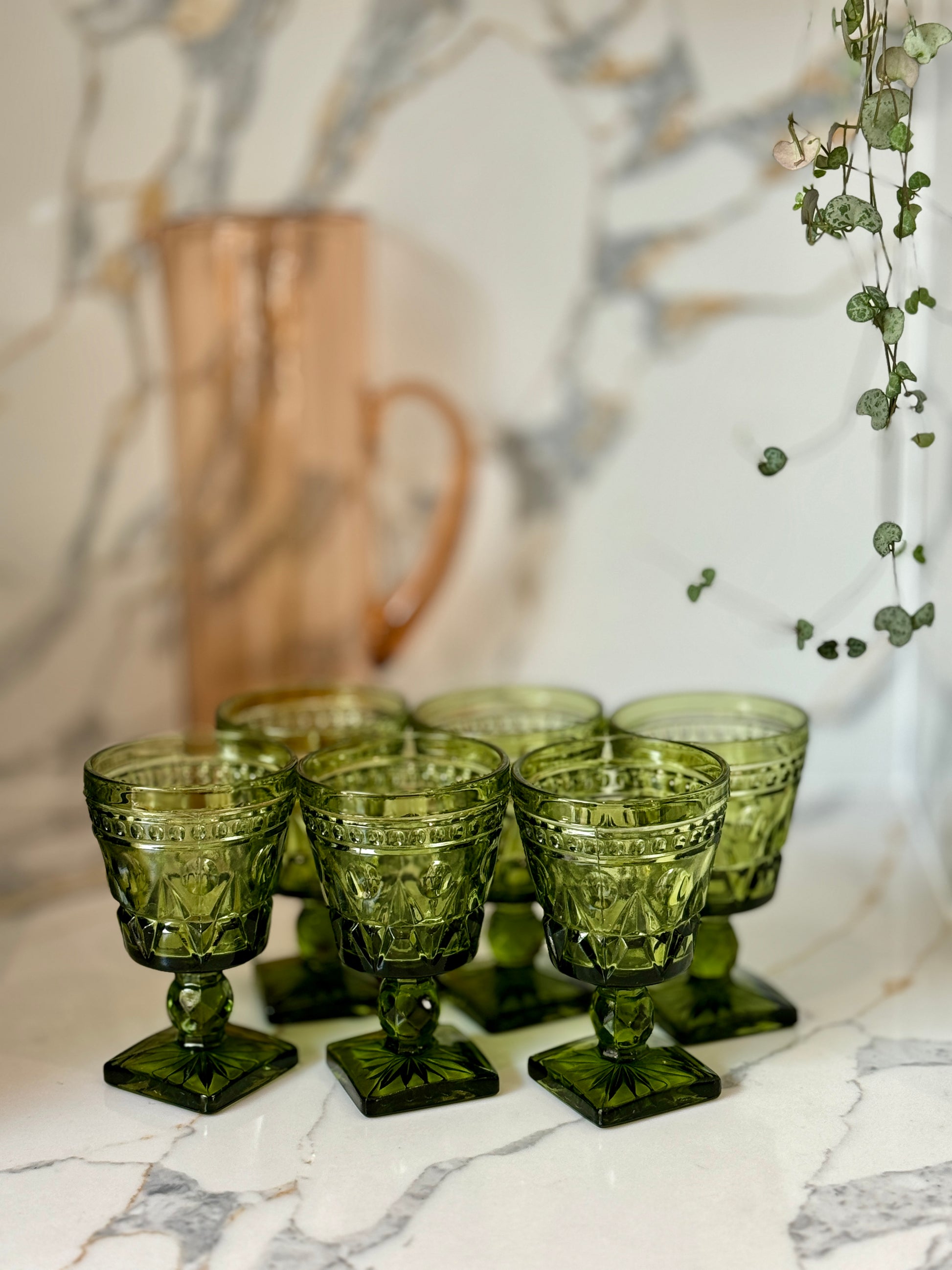 Vintage Indiana Glass Park Lane Dark Green Wine Glasses (Set of 6) – c.1970s-Wine glass-Indiana Glass-My Happy London Home