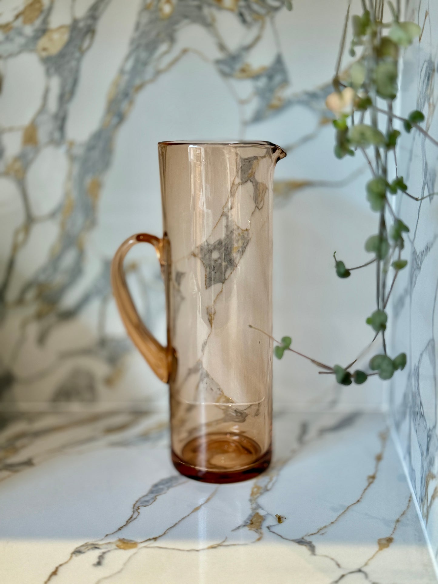 Vintage Peach Glass Jug (Pitcher) with Handmade Handle – Possibly Whitefriars