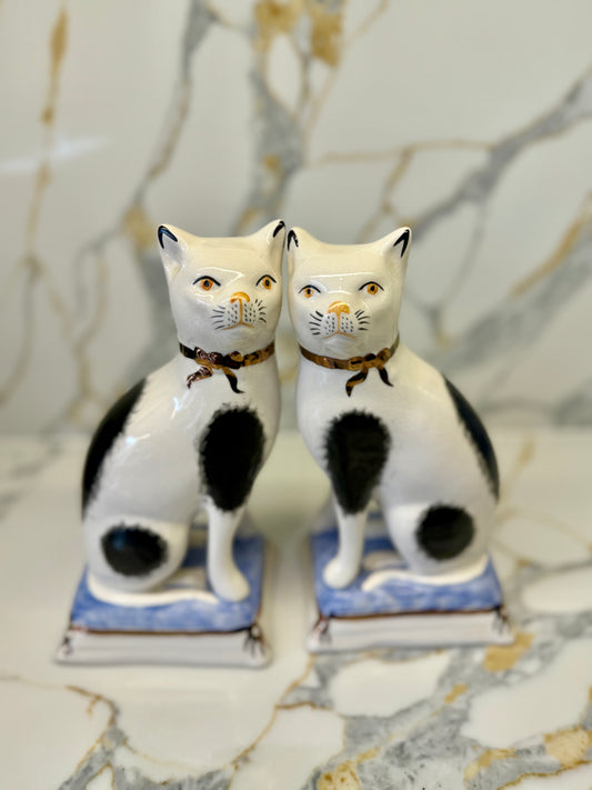 Pair of Staffordshire Cats on Cushions (Large) by William Kent, c.1940s - 1950s | Light Blue Cushions-Ornament-William Kent-My Happy London Home