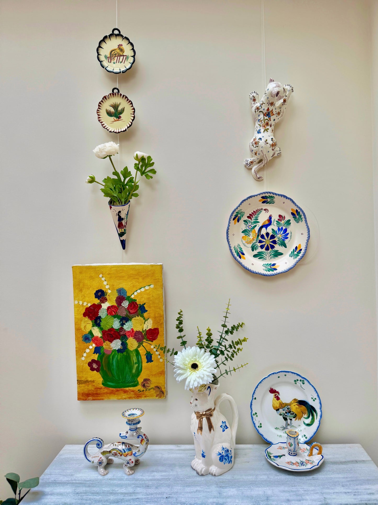 French Faience Wall Plate by The Faïencerie d'Art Breton - Peacock and flowers, 1990s