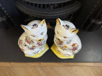 アンティーク、花柄スタッフォードシャーキャット（ペア）｜19世紀後期〜20世紀初期頃